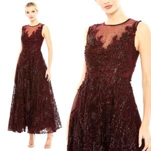Mac Duggal 20241 Burgundy Red 16 Embroidered High Neck Sleeveless Maxi Dress
